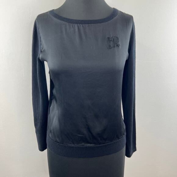 Carine Roitfeld Uniqlo Black Mixed Media Silk Wool Embroidered Long Sleeve Top S - Picture 3 of 10
